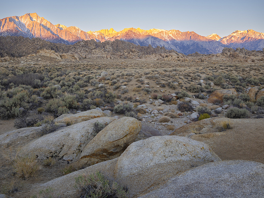 Sunrise on the Eastern Sierra Nevadas in the Alabama Hills National Scenic Area, California, USA.