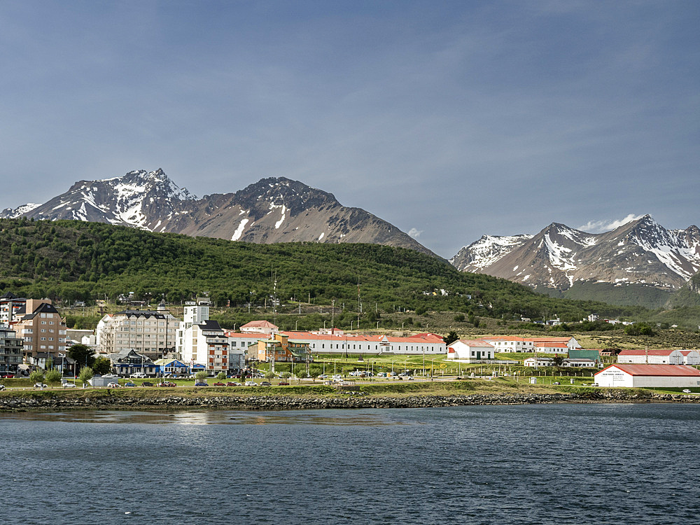 A view of the shoreline of Ushuaia in the Beagle Channel, Tierra del Fuego, Argentina, South America