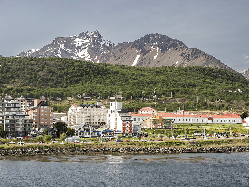 A view of the shoreline of Ushuaia in the Beagle Channel, Tierra del Fuego, Argentina, South America