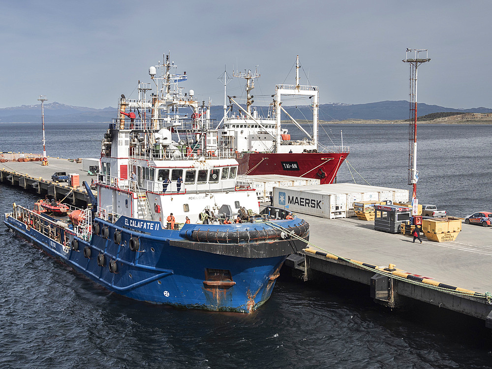 A view of the commercial dock in Ushuaia in the Beagle Channel, Ushuaia, Tierra del Fuego, Argentina, South America