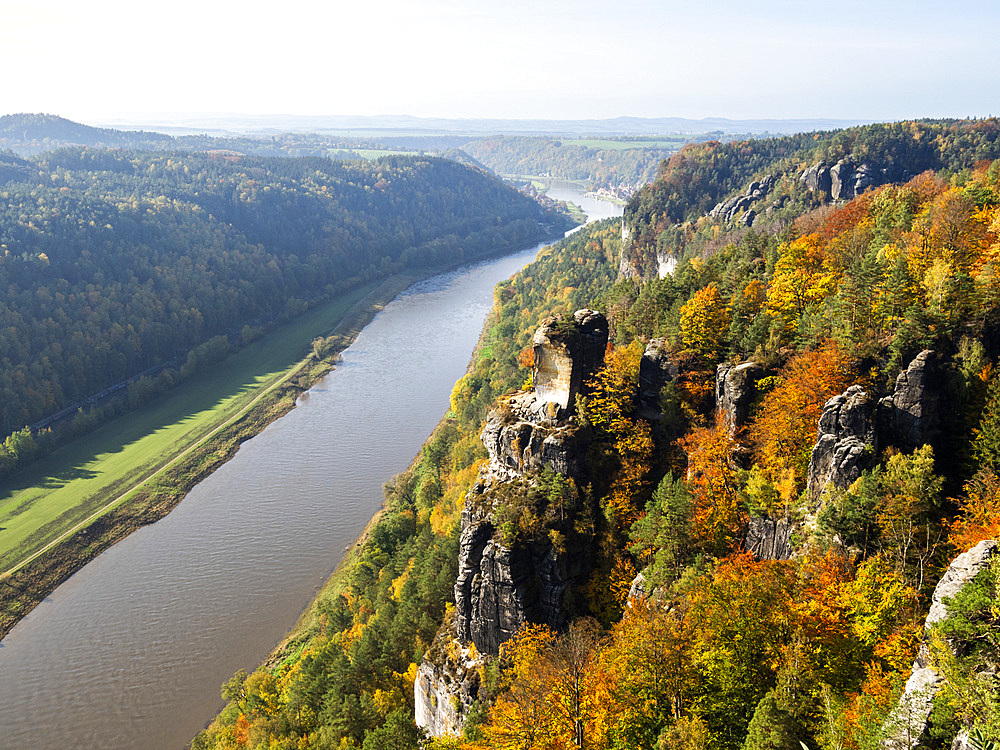 A view of the rocky outcrop overlooking the Elbe River in Saxon Switzerland National Park, Saxony, Germany, Europe