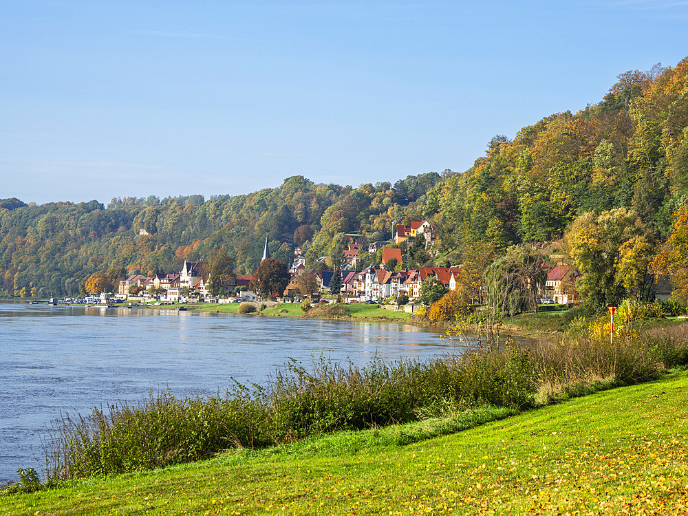 A view of Stadt Wehlen on the Elbe River in Saxon Switzerland National Park, Saxony, Germany, Europe