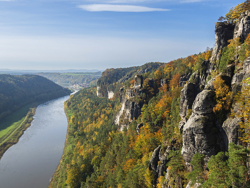 A view of a rocky outcrop with the Elbe River down below in Saxon Switzerland National Park, Saxony, Germany, Europe