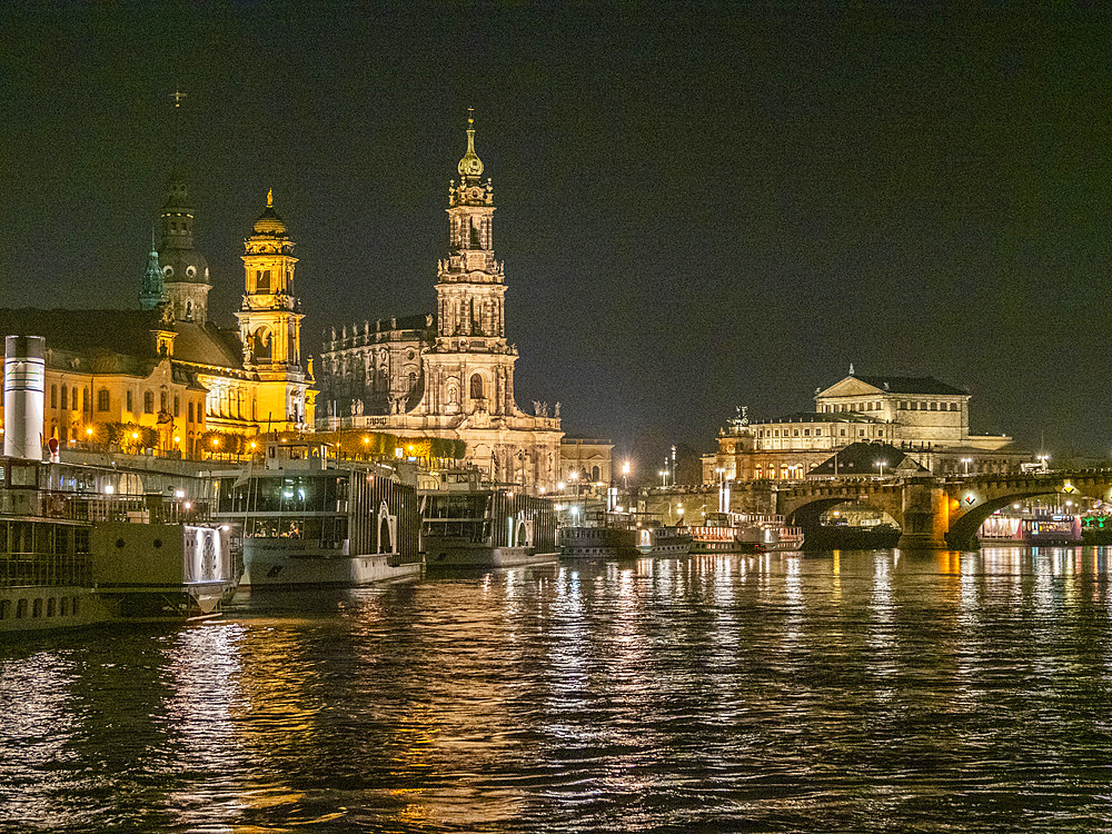 View of modern Dresden by night from across the Elbe River, Dresden, Saxony, Germany, Europe