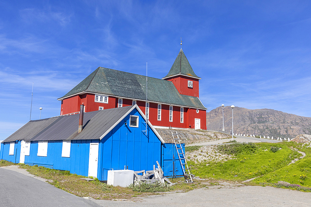 Replica of traditional church and other buildings in the colorful Danish town of Sisimiut, Western Greenland, Polar Regions