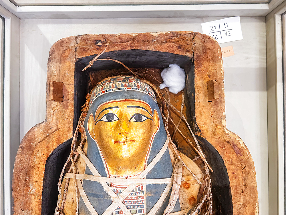 View of the remains of an ancient Egyptian Sarcophagus on display at the Egyptian Museum, Cairo, Egypt, North Africa, Africa