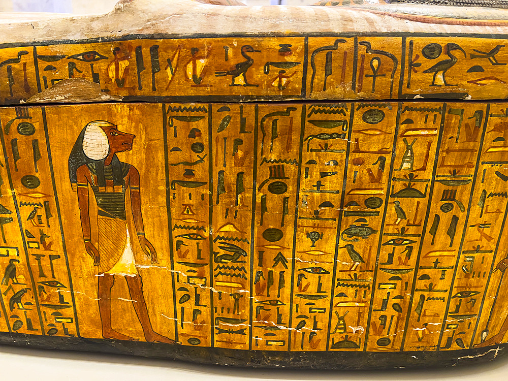 View of the remains of an ancient Egyptian Sarcophagus on display at the Egyptian Museum, Cairo, Egypt, North Africa, Africa