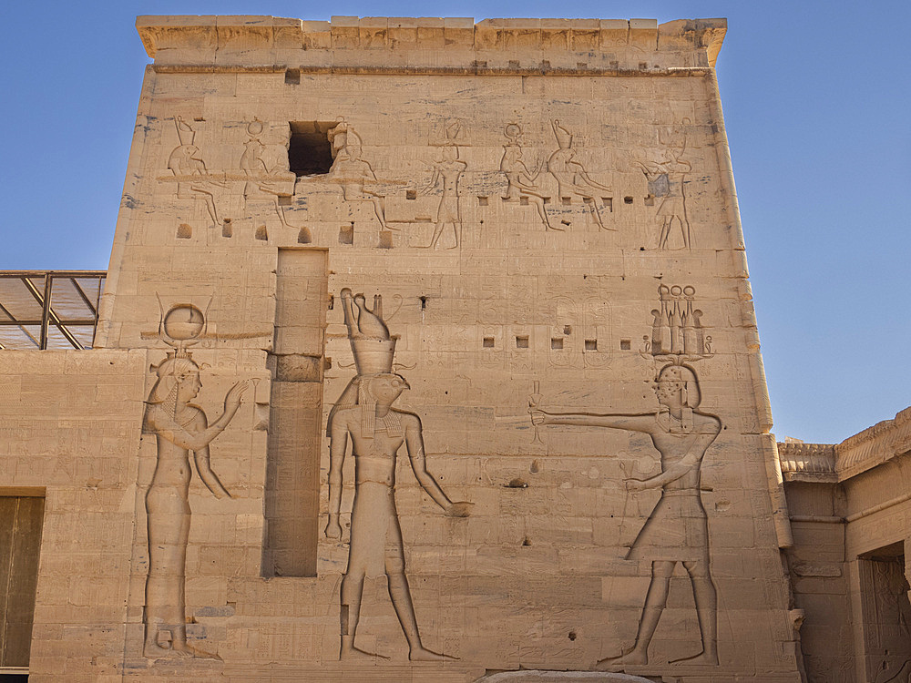 Hieroglyphs at the Philae Temple complex, The Temple of Isis, currently on the island of Agilkia, UNESCO World Heritage Site, Egypt, North Africa, Africa