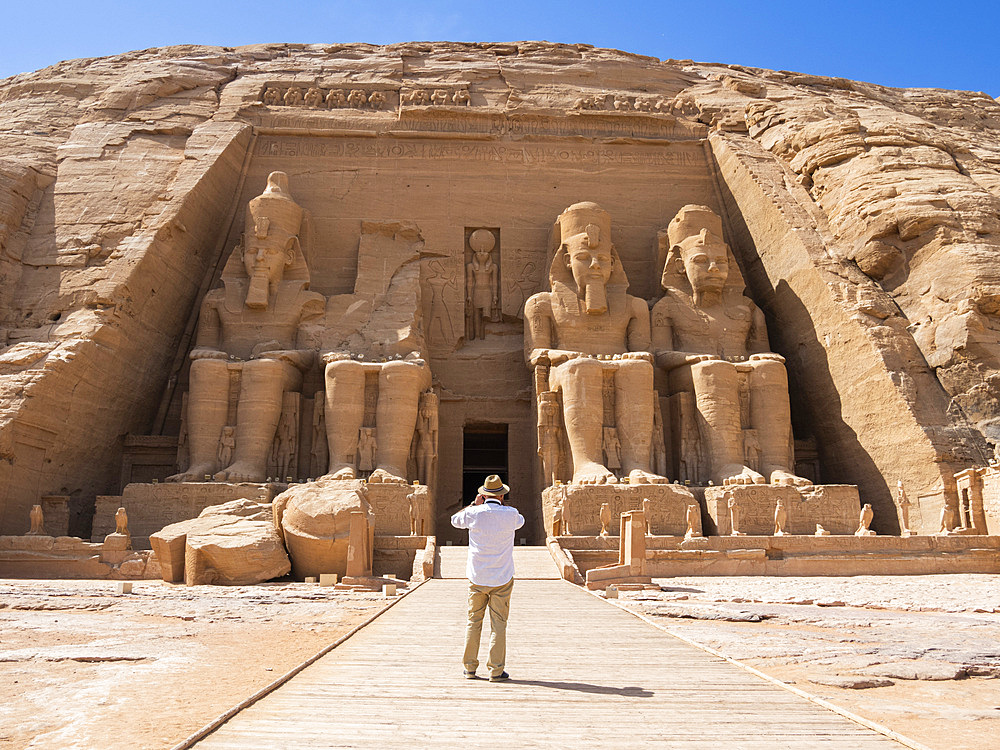 The Great Temple of Abu Simbel with its four iconic 20 meter tall seated colossal statues of Ramses II (Ramses The Great), UNESCO World Heritage Site, Abu Simbel, Egypt, North Africa, Africa