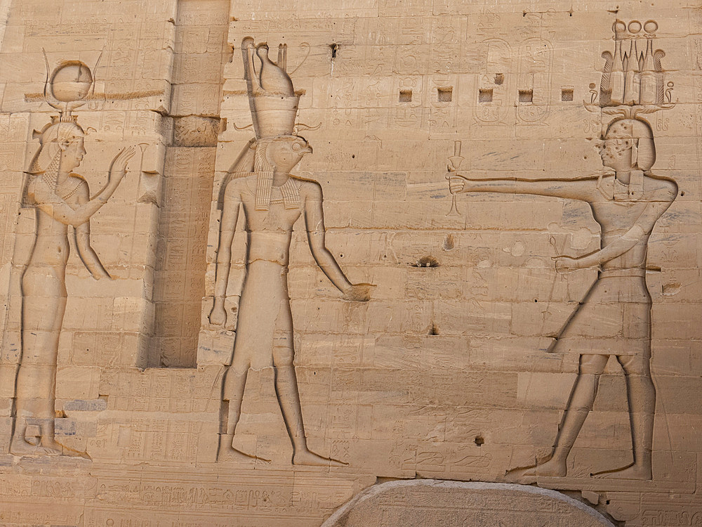 Hieroglyphs at the Philae Temple complex, The Temple of Isis, currently on the island of Agilkia, UNESCO World Heritage Site, Egypt, North Africa, Africa