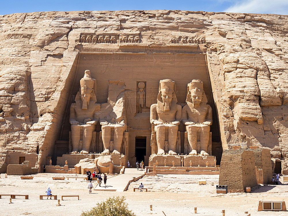 The Great Temple of Abu Simbel with its four iconic 20 meter tall seated colossal statues of Ramses II (Ramses The Great), UNESCO World Heritage Site, Abu Simbel, Egypt, North Africa, Africa