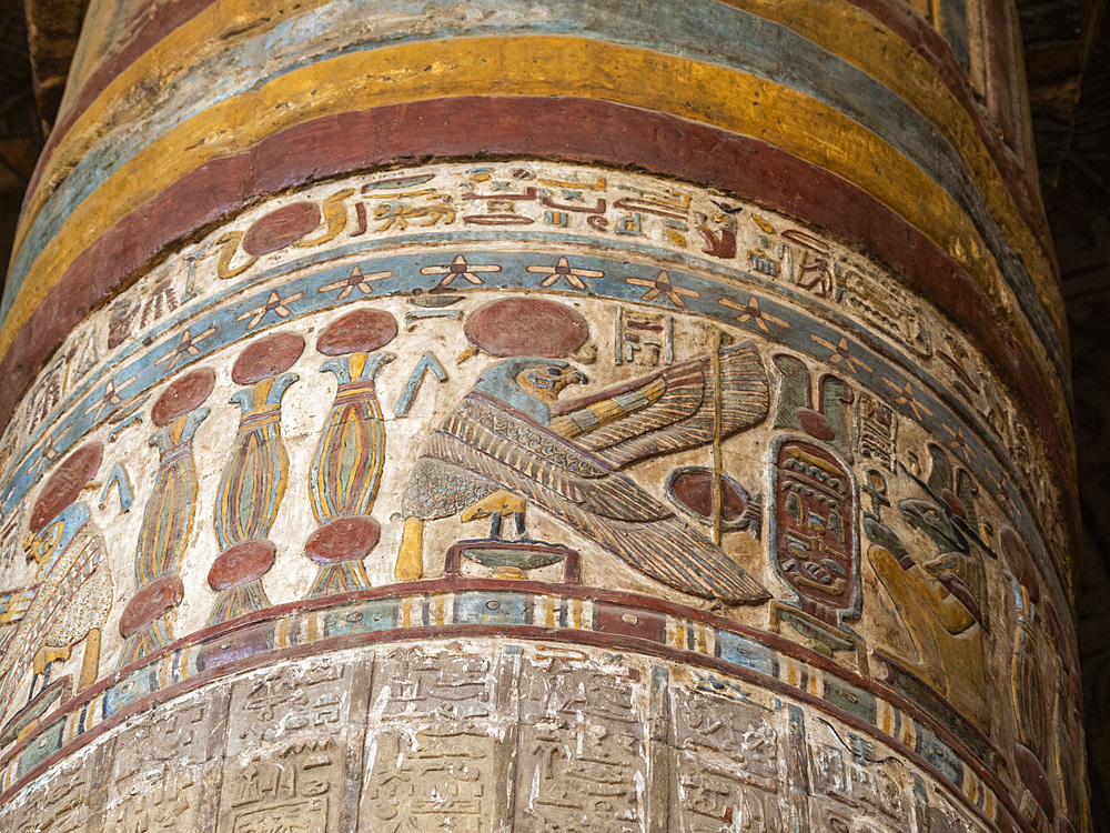 Column in the Temple of Hathor, which began construction in 54 BCE, part of the Dendera Temple complex, Dendera, Egypt, North Africa, Africa