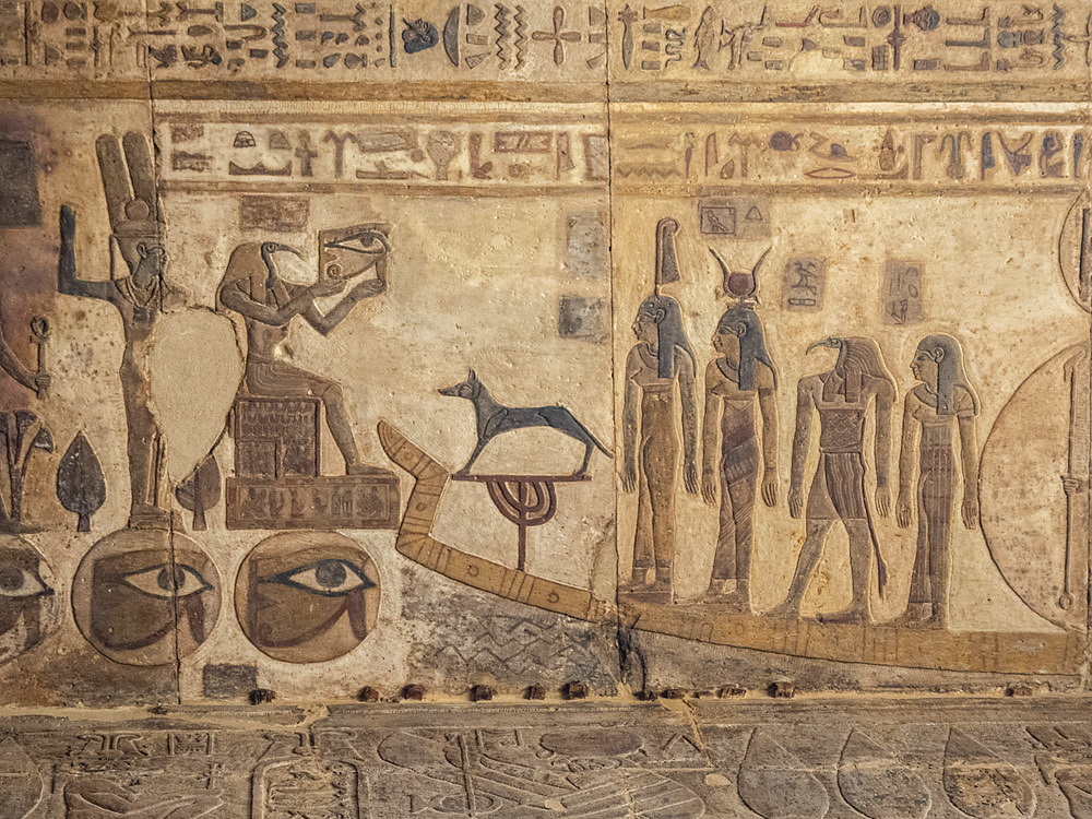 Relief in the Temple of Hathor, which began construction in 54 B.C.E, part of the Dendera Temple complex, Dendera, Egypt.