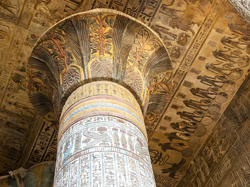 Columns in the Temple of Hathor, which began construction in 54 BCE, part of the Dendera Temple complex, Dendera, Egypt, North Africa, Africa