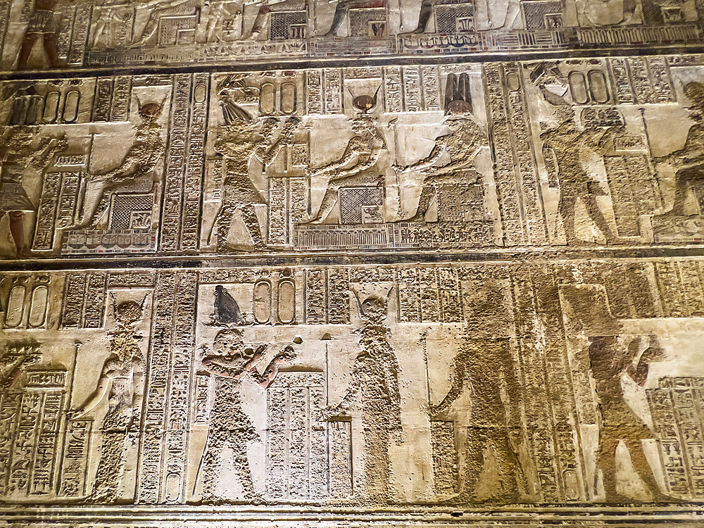 Interior view of the reliefs inside the Temple of Hathor, Dendera Temple complex, Dendera, Egypt, North Africa, Africa