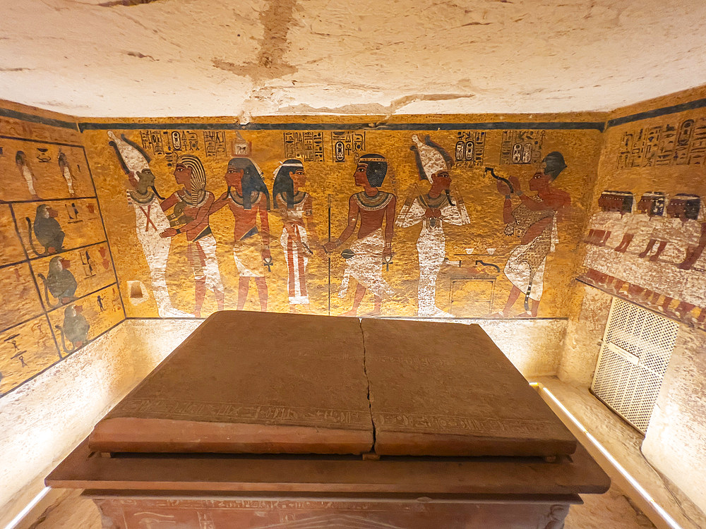 Reliefs and paintings in the tomb of Tutankhamun, with his sarcophagus in the lower center, Valley of the Kings, UNESCO World Heritage Site, Thebes, Egypt, North Africa, Africa