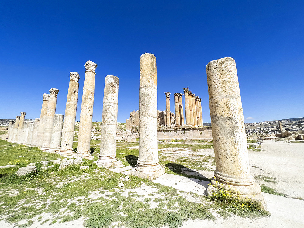 Columns frame a building in the ancient city of Jerash, believed to be founded in 331 BC by Alexander the Great, Jerash, Jordan, Middle East