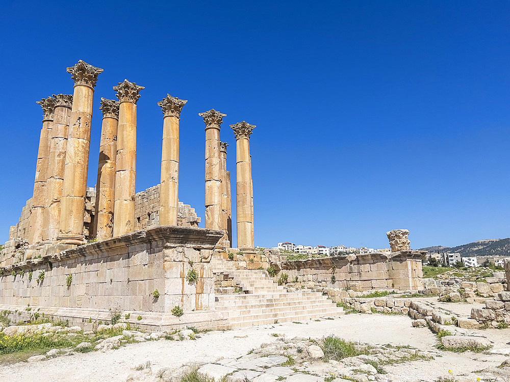 Columns frame a building in the ancient city of Jerash, believed to be founded in 331 BC by Alexander the Great, Jerash, Jordan, Middle East