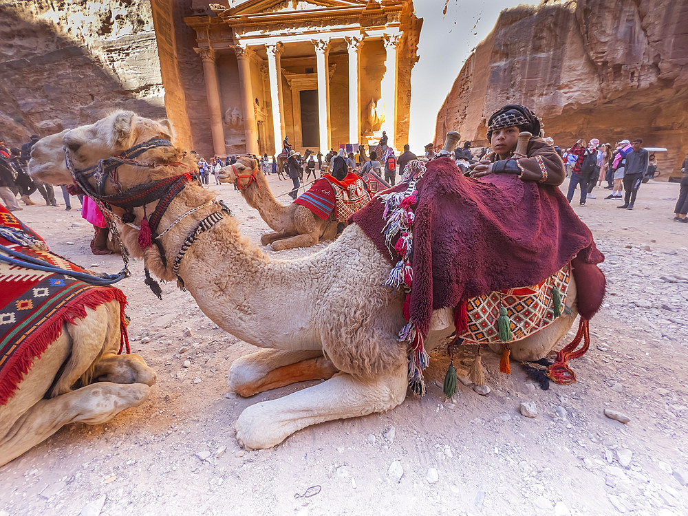 A boy with a camel, the Petra Treasury (Al-Khazneh), Petra Archaeological Park, UNESCO World Heritage Site, one of the New Seven Wonders of the World, Petra, Jordan, Middle East