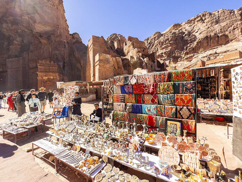 Souvenir stalls at the Street of Facades, Petra Archaeological Park, UNESCO World Heritage Site, one of the New Seven Wonders of the World, Petra, Jordan, Middle East