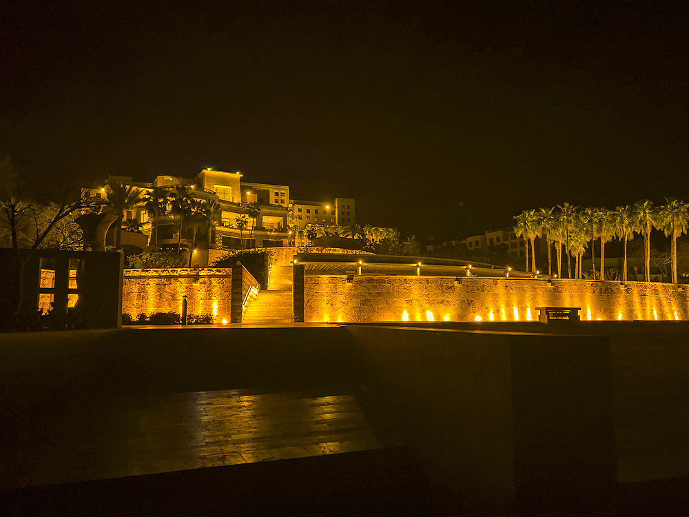 Night at the Kempinski Hotel Ishtar, a five-star luxury resort by the Dead Sea inspired by the Hanging Gardens of Babylon, Jordan, Middle East