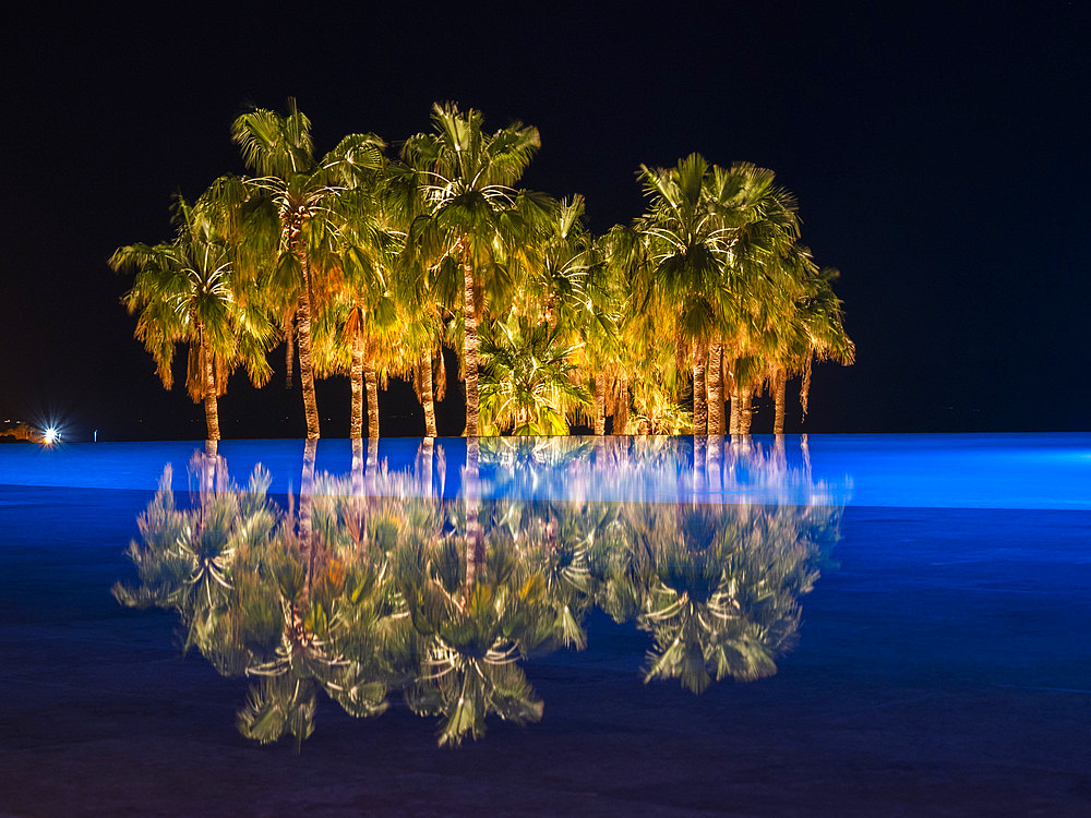 Night at the Kempinski Hotel Ishtar, a five-star luxury resort by the Dead Sea inspired by the Hanging Gardens of Babylon, Jordan, Middle East