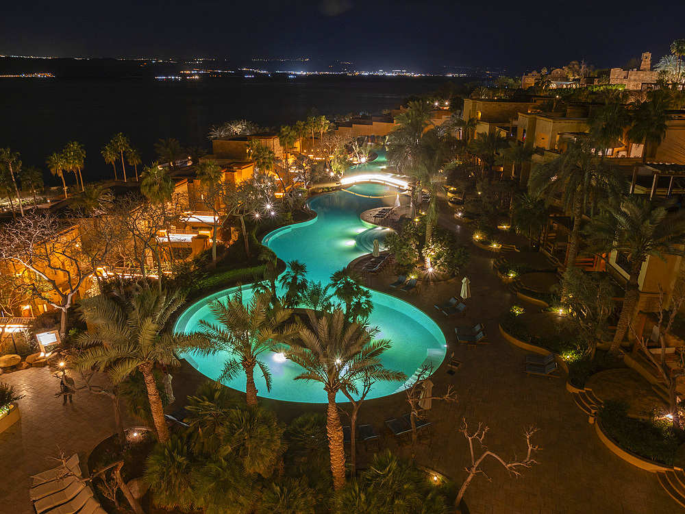 Night at the Kempinski Hotel Ishtar, a five-star luxury resort by the Dead Sea inspired by the Hanging Gardens of Babylon, Jordan, Middle East