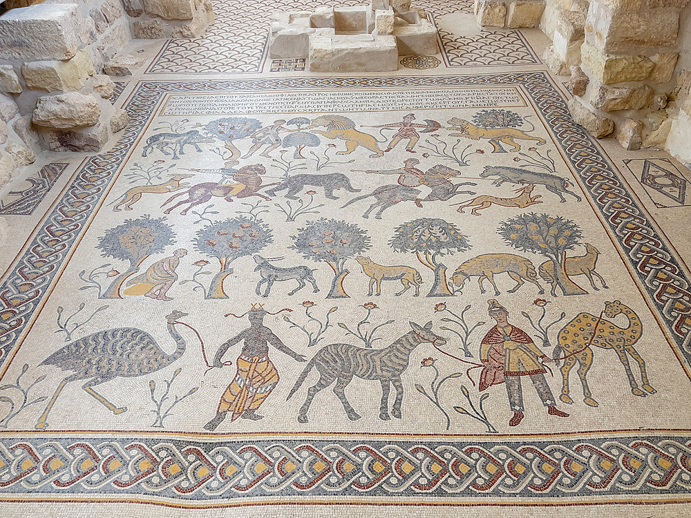 Mosaic floor in the Diaconicon-Baptistery from Byzantine times that stands on the top of Mount Nebo, Jordan, Middle East