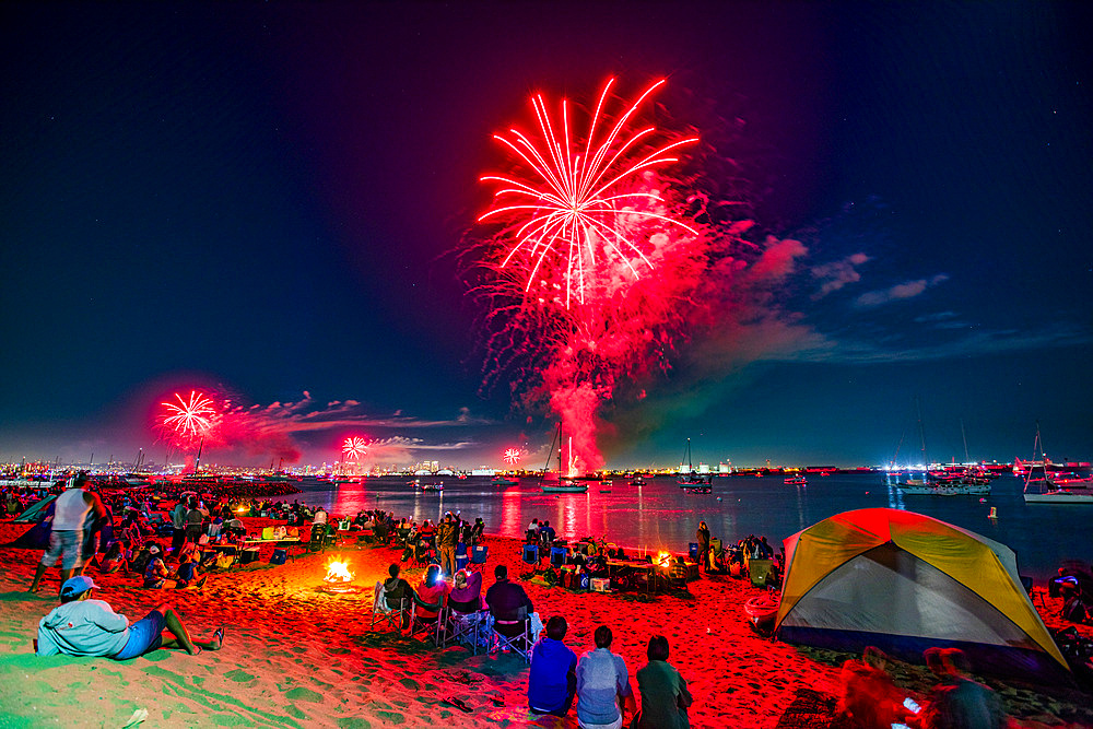 Fireworks display viewed from Shelter Island in San Diego, California, United States of America, North America