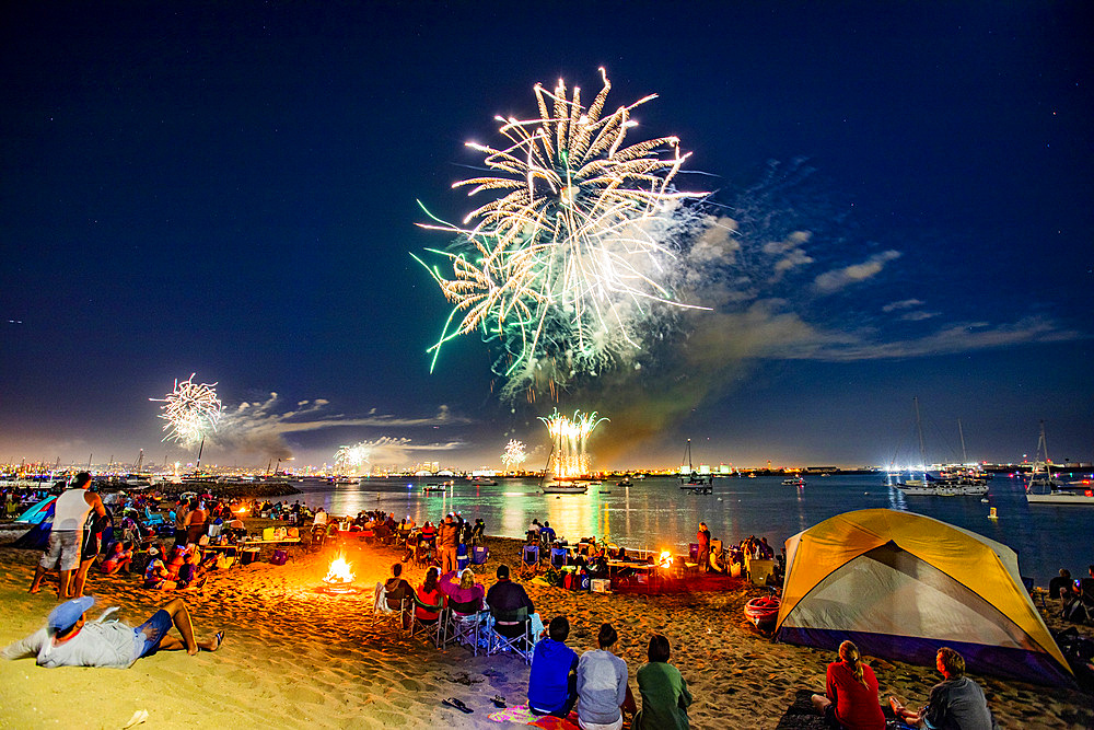 Fireworks display viewed from Shelter Island in San Diego, California, United States of America, North America