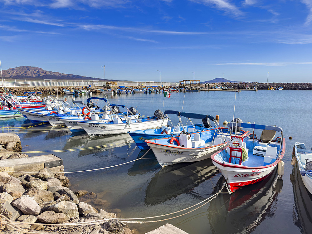 Small fishing boats (pangas) in the inner harbor in Loreto, Baja California Sur, Sea of Cortez, Mexico, North America