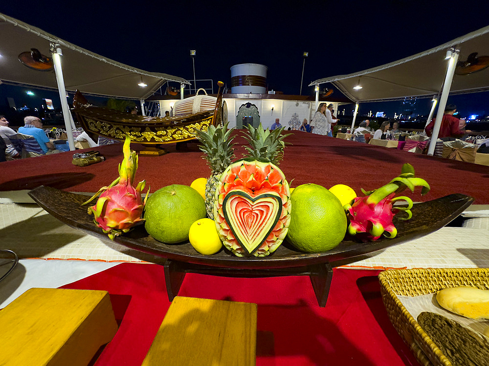 Stage for the apsara dancers performing on the M/V Jahan during dinner, Angkor, Cambodia, Indochina, Southeast Asia, Asia