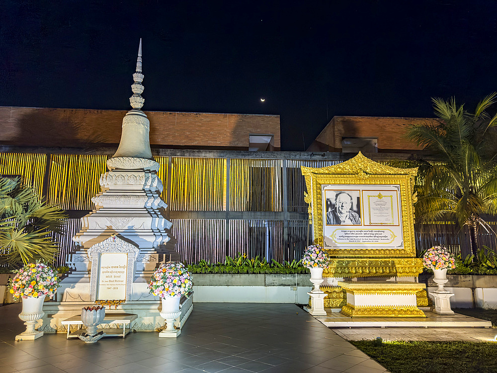 Memorial to Dr. Beat Richner at night in Siem Reap, Cambodia, Indochina, Southeast Asia, Asia