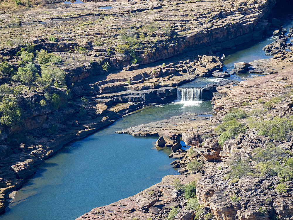 A view of a minor waterfall on the Mitchell River viewed from a helicopter, Kimberley, Western Australia, Australia, Pacific