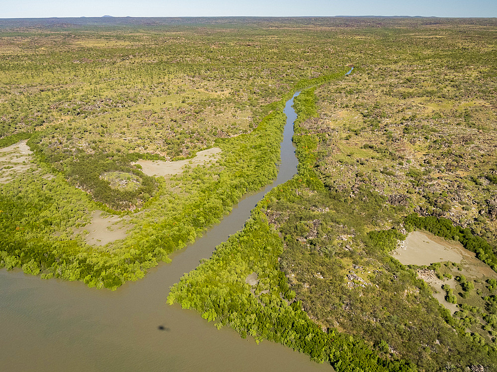 A view of the Mitchell River meandering towards Swift Bay as seen from a commercial helicopter, Kimberley, Western Australia, Australia, Pacific