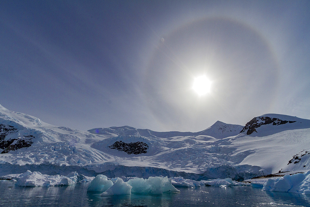 View of sun halo inside Neko Harbor on the western side of the Antarctic Peninsula, Southern Ocean, Polar Regions