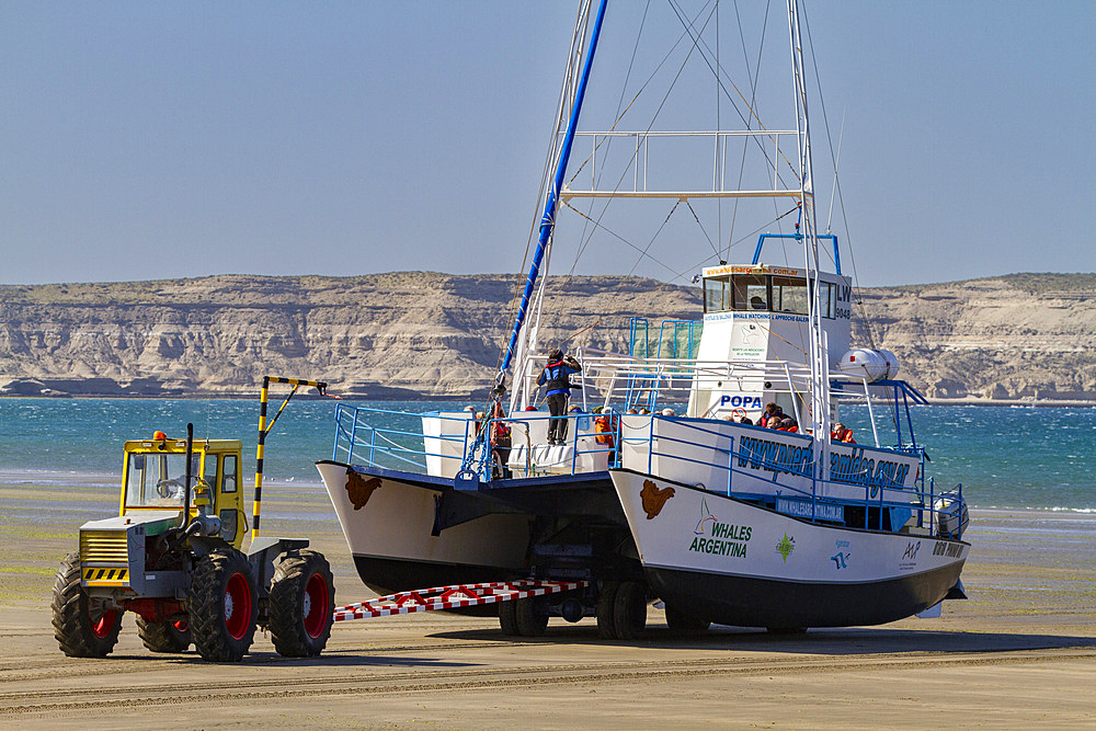 A commercial whale watching boat being launched at the beach at low tide in Puerto Pyramides, Golfo Nuevo, Argentina, South America