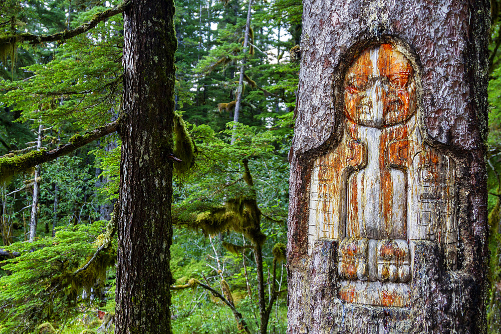 A view of Tlingit eagle carving at Bartlett Cove in Glacier Bay National Park and Preserve, UNESCO World Heritage Site, Southeast Alaska, United States of America, North America