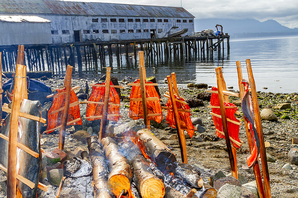 Smoking salmon over an alder wood fire by the First Nations Kwakwaka'wakw people in Alert Bay, British Columbia, Canada, North America