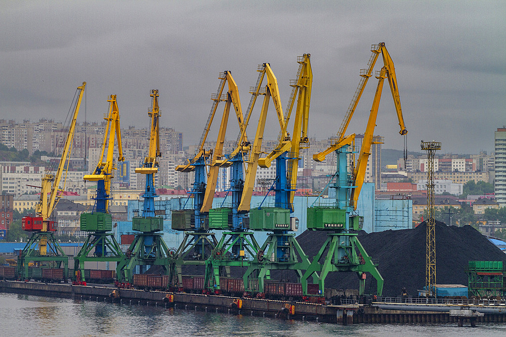 A view of the industrial and militarized Russian seaport city of Murmansk on the northern shore of the Kola Peninsula, Murmansk Oblast, Russia, Arctic, Europe