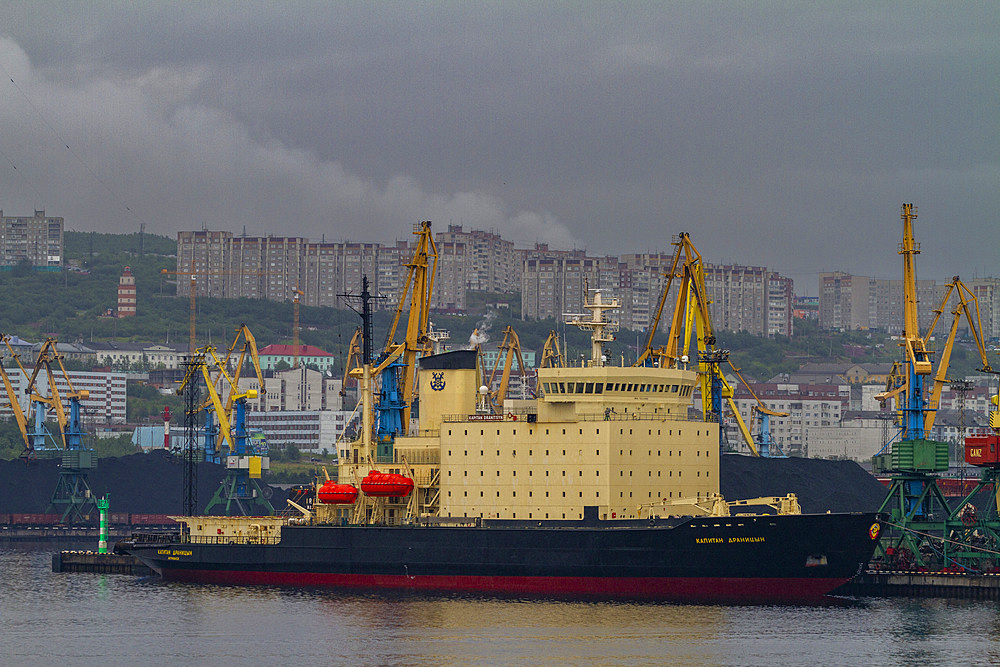 A view of the industrial and militarized Russian seaport city of Murmansk on the northern shore of the Kola Peninsula, Murmansk Oblast, Russia, Arctic, Europe