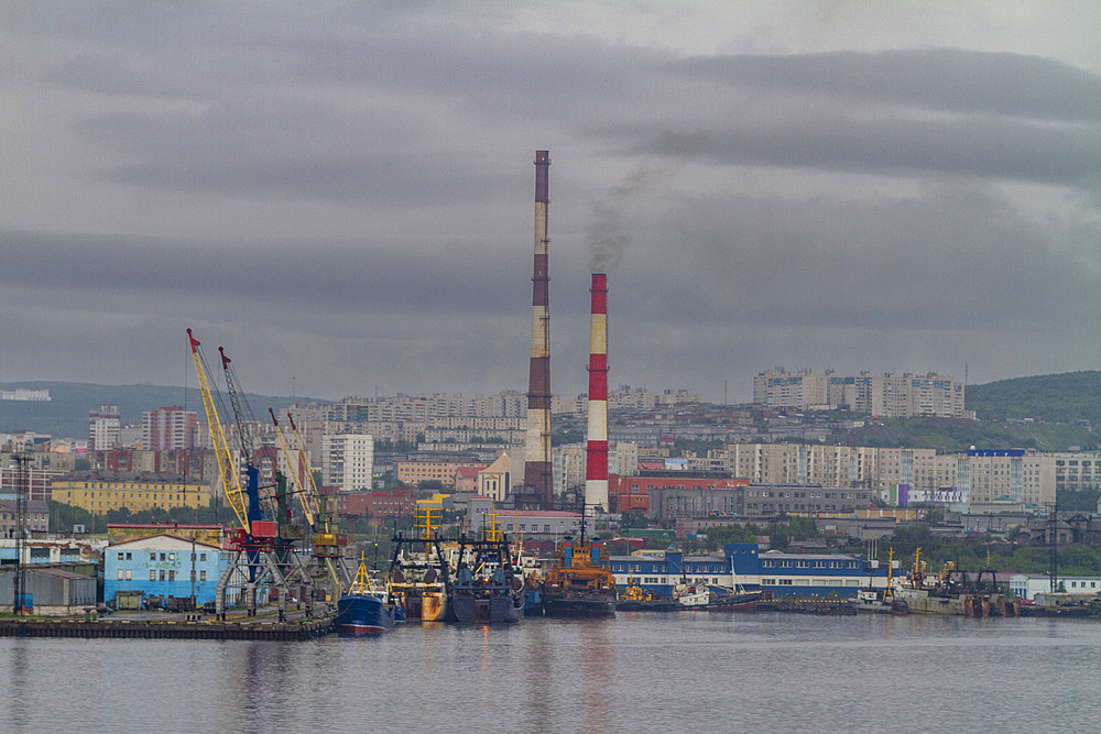 A view of the industrial and militarized Russian seaport city of Murmansk on the northern shore of the Kola Peninsula, Murmansk Oblast, Russia, Arctic, Europe