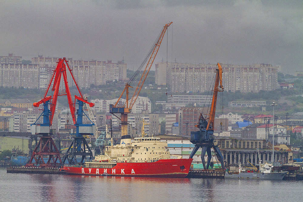 A view of the industrial and militarized Russian seaport city of Murmansk on the northern shore of the Kola Peninsula, Murmansk Oblast, Russia, Arctic, Europe