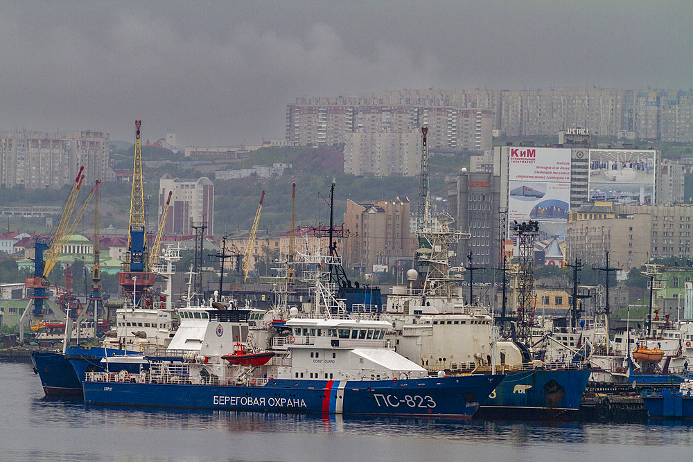 A view of the industrial and militarized Russian seaport city of Murmansk on the northern shore of the Kola Peninsula, Russia.