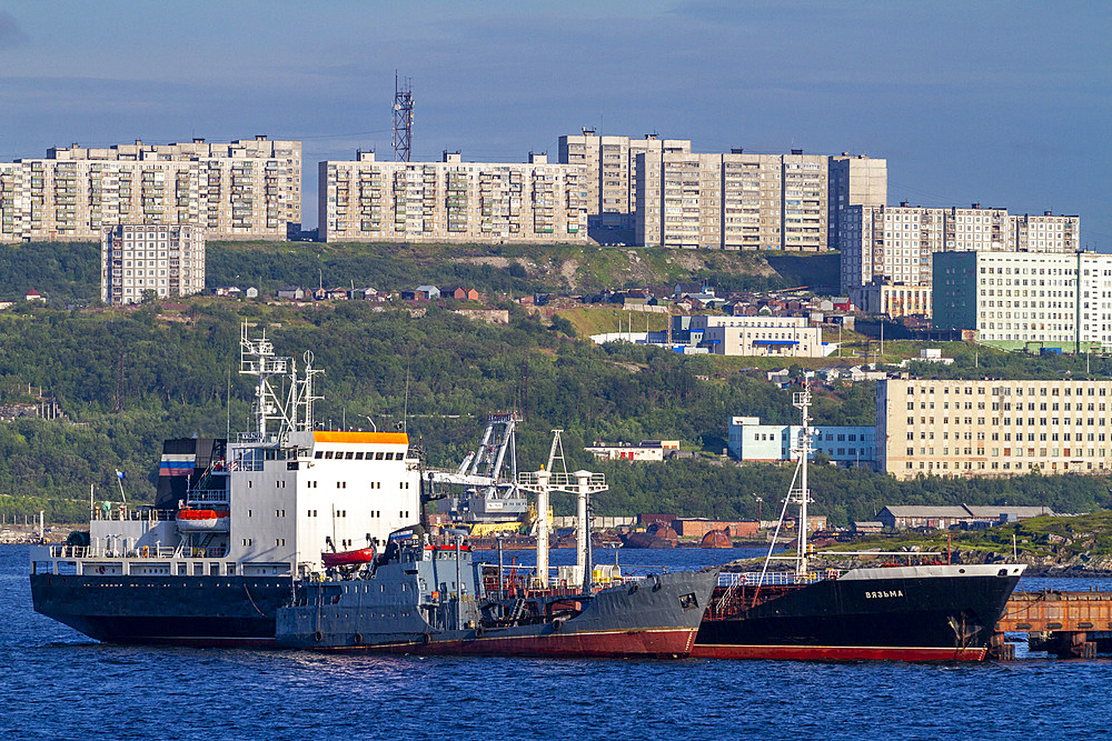 A view of the industrial and militarized Russian seaport city of Murmansk on the northern shore of the Kola Peninsula, Murmansk Oblast, Russia, Arctic, Europe