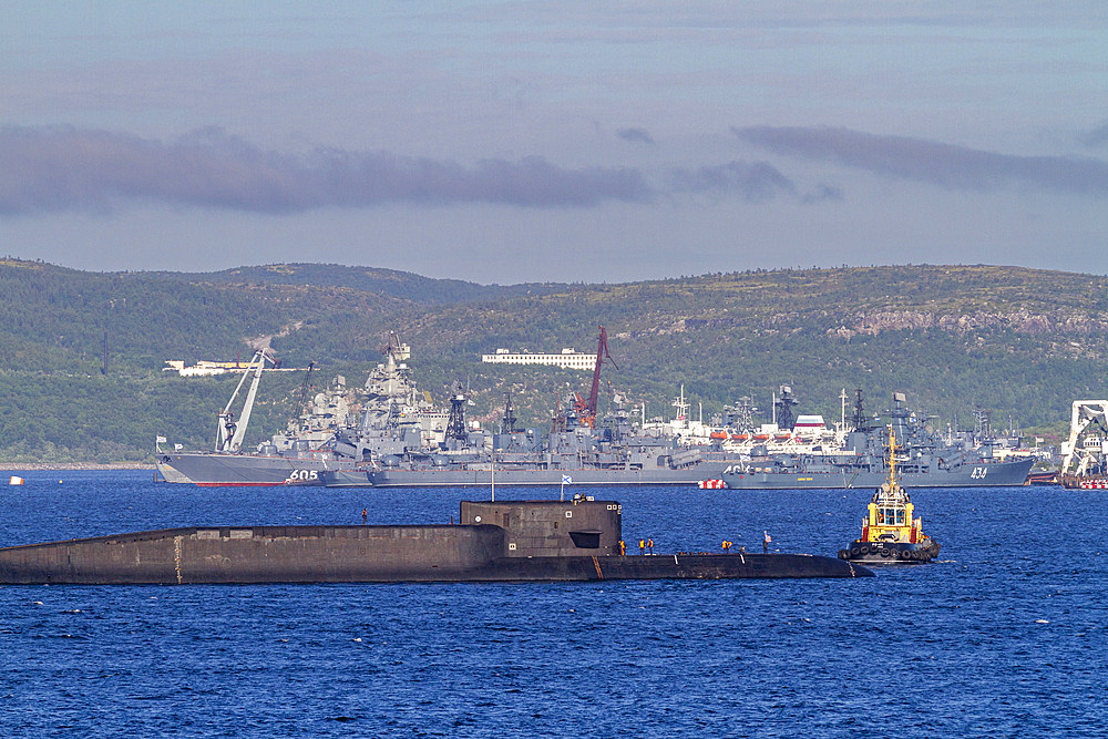 A view of a nuclear powered submarine in the industrial and militarized Russian seaport city of Murmansk, Murmansk Oblast, Russia, Arctic, Europe