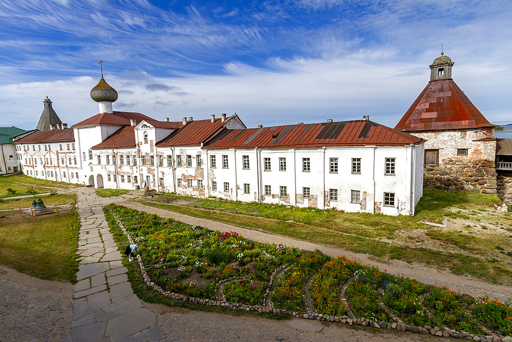 A view of the Russian Orthodox Solovetsky Monastery founded in 1436 by two monks on Bolshoy Island, UNESCO World Heritage Site, Onega Bay, Arkhangel Oblast, Russia, Arctic, Europe