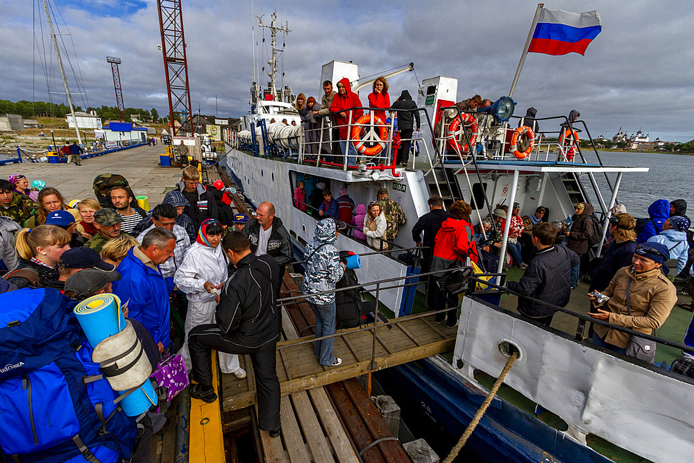 Religious pilgrims on the ferry Vasiley Kosyakov to the Russian Orthodox Solovetsky Monastery, Bolshoy Island, UNESCO World Heritage Site, Onega Bay, Arkhangel Oblast, Russia, Arctic, Europe