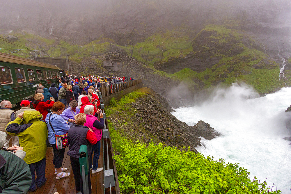 View of a waterfall on the Bergen Railway route from Myrdal to the town of Flam, Norway, Scandinavia, Europe