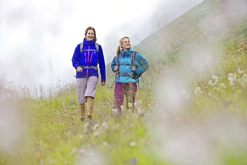 Two female hikers walking the Alpe-Adria-Trail, Nockberge, Carinthia, Austria